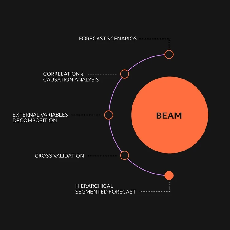 Infographic illustrating the ‘BEAM’ product as an orange circle from which five modules branch out in a cascade diagram. The phases, from top to bottom, are: ‘Forecast scenarios’, ‘Correlation & Causation analysis’, ‘External variables decomposition’, ‘Cross validation’ and ‘Hierarchical segmented forecast’. In this image, the focus is on the Hierarchical segmented forecast process.