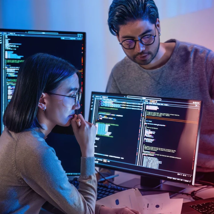 Two colleagues collaborate and look at a PC with strings of programming code