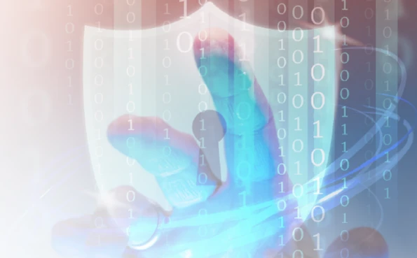 Graphical representation of a cybersecurity interface with a digital shield, central padlock, and binary code streams for data protection.