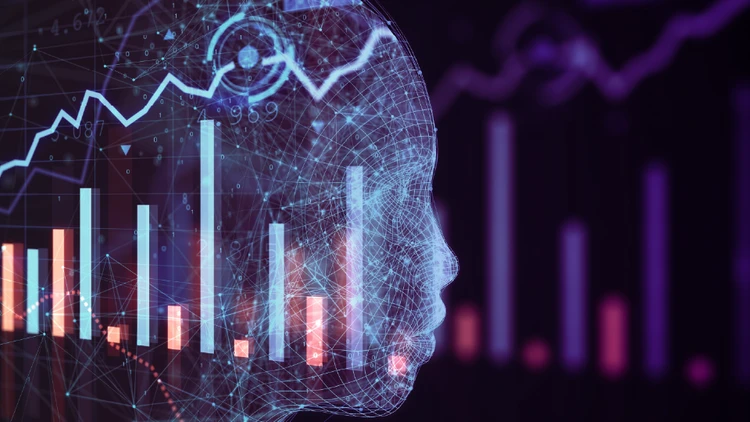 Representation of an artificial intelligence architecture processing complex data streams and predictive models through a neural network in the shape of a human face.