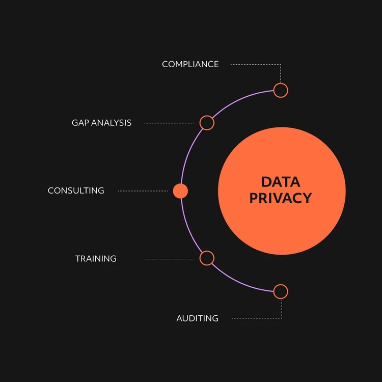 Infographic illustrating the ‘DATA PRIVACY’ solution as an orange circle from which five services branch out in a cascade diagram. The modules, from top to bottom, are: ‘Compliance’, ‘Gap analysis’, ‘Consulting’, “Training” and ‘Auditing’. In this image, the focus is on the Consulting service.