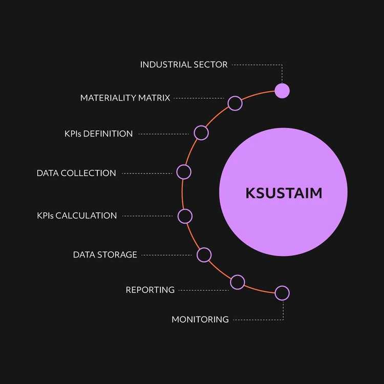 Infographic illustrating the ‘KSUSTAIM’ product as a lilac circle from which eight modules branch out in a cascade diagram. The phases, from top to bottom, are: ‘Industrial sector’, ‘Materiality Matrix’, ‘KPIs definition’, ‘Data collection’, ‘KPIs calculation’, 'Data storage', 'Reporting' and 'Monitoring'. In this image, the focus is on Industrial sector process.