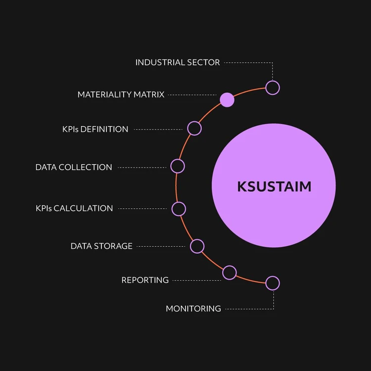Infographic illustrating the ‘KSUSTAIM’ product as a lilac circle from which eight modules branch out in a cascade diagram. The phases, from top to bottom, are: ‘Industrial sector’, ‘Materiality Matrix’, ‘KPIs definition’, ‘Data collection’, ‘KPIs calculation’, 'Data storage', 'Reporting' and 'Monitoring'. In this image, the focus is on Materiality Matrix process.
