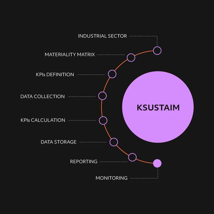 Infographic illustrating the ‘KSUSTAIM’ product as a lilac circle from which eight modules branch out in a cascade diagram. The phases, from top to bottom, are: ‘Industrial sector’, ‘Materiality Matrix’, ‘KPIs definition’, ‘Data collection’, ‘KPIs calculation’, 'Data storage', 'Reporting' and 'Monitoring'. In this image, the focus is on Monitoring process.